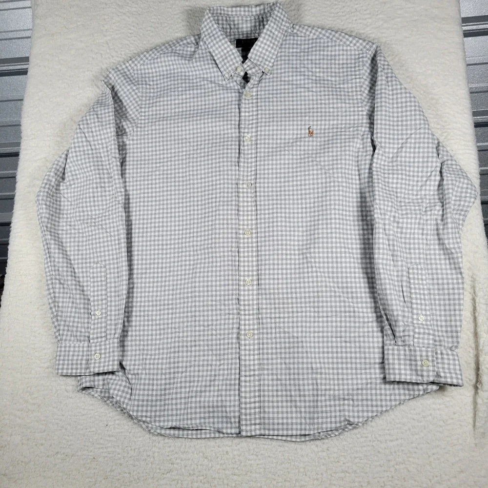 Polo Ralph Lauren Shirt Mens XXL Grey White Gingham Classic Fit Long Sleeve Pony